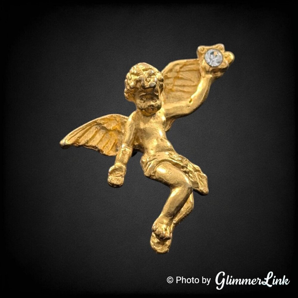 Vintage Cherub Guardian Angel Rhinestone Religious Gold Tone Pin Tie Tack